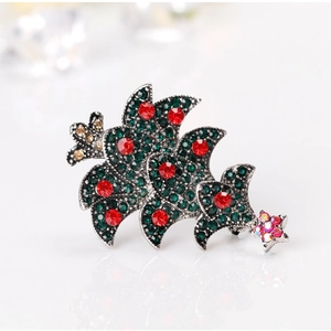 Vintage silver Christmas tree brooch with sparkling green and red rhinestones