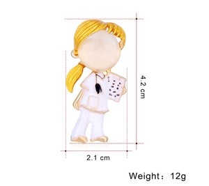 Detail shot of a cartoon nurse brooch showing 4.2 cm height and 2.1 cm width dimensions