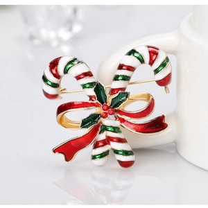 Spilla Natalizia a Forma di Bastoncino di Zucchero Con Fiocco Smalto Rosso Verde Bianco Lega Placcata Oro Con Strass Rossi per Decorazione Vestiti