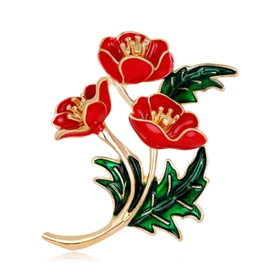 Brosche mit roter Mohnblume aus Emaille, grünen Blättern und Goldlegierung