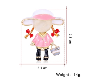 Detailed size view of a cartoon girl brooch with opal face showing 3.8cm height and 3.1cm width