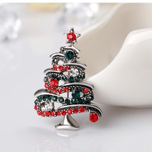 Creative Christmas tree brooch with red and green crystals on a silver alloy base