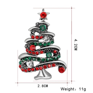 Vintage silver Christmas tree brooch with red and green rhinestones, 4.2cm height