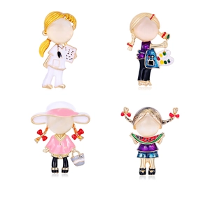 Detailed macro view of four cartoon girl brooches with opal inlay and colorful enamel finishes