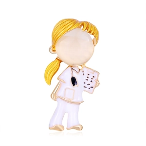 Fashionable cartoon nurse brooch with white opal face and yellow oil drop hair design