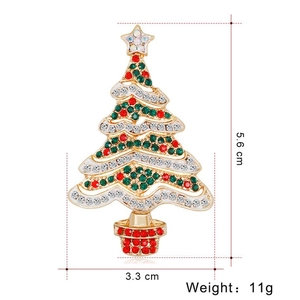 Christmas tree brooch with red and green rhinestones, 5.6cm height gold-tone alloy pin