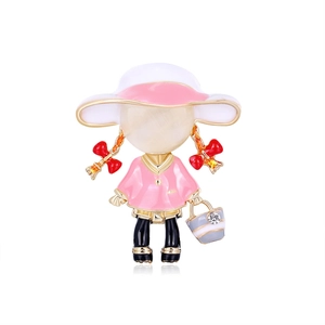 Fashionable cartoon girl brooch with opal head and pink enamel outfit in gold finish