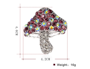 Detailed size map of cute mushroom brooch with colorful rhinestones measuring 4.6cm by 4.2cm