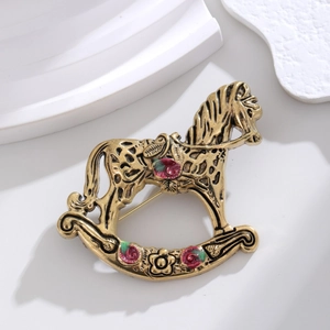 Broche Cheval à Bascule Or Antique Vintage en Alliage de Zinc Émail Rose Fleur Épingle pour Veste de Costume Bijoux Cadeau