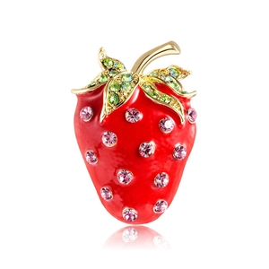 Exquisite strawberry brooch with red oil drop finish and sparkling crystals on white background