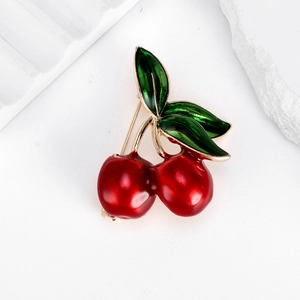 Cute Red Cherry Alloy Fruit Brooch For Women Enamel Rhinestone Korean Style Fashion Clothing Accessory High Quality Pin