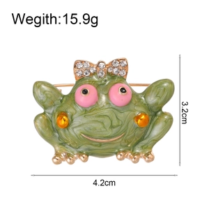 Green enamel frog brooch with rhinestone bowknot detail, 4.2cm width alloy suit accessory