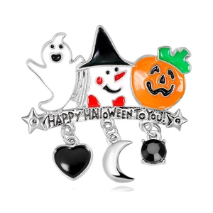 Spilla di Halloween con fantasma, zucca e ciondoli appesi a forma di luna e cuore