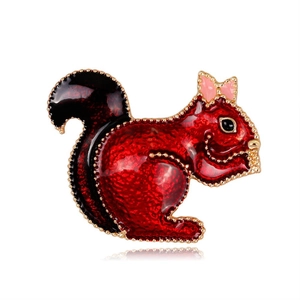 Broche écureuil de dessin animé en émail rouge avec petit nœud rose pour vêtements