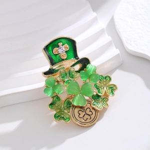 St Patricks Day Irischer Leprechaun Hut Kleeblatt Goldmünze Legierung Brosche Grünes Emaille Strass Glücksklee Pin Schmuck Geschenk