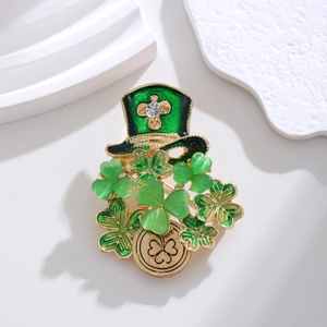 Grüne St. Patrick's Day Kleeblatt-Brosche mit Hut und goldener Münze für Damen