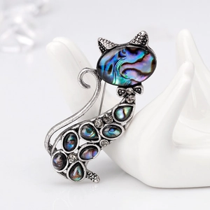 Broche Chat en Alliage d'Argent Antique Vintage Avec Coquille d'Abalone Strass Incrustés Broches Animalières Mode pour Femme Bijoux Cadeau