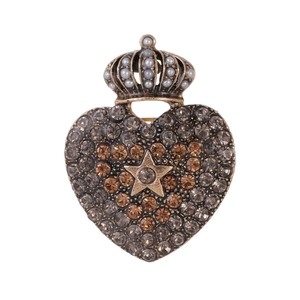 Vintage heart crown brooch with sparkling star rhinestones and antique gold finish
