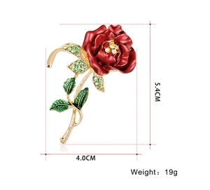 Detail showing dimensions of 5.4cm x 4.0cm for the red enamel rose flower brooch pin