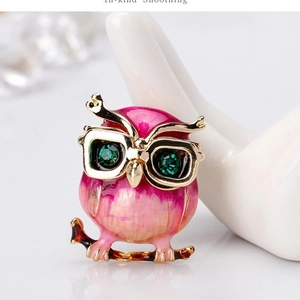 Einzigartige Cartoon Eule Brosche Mit Brille Grünen Strass Augen Emaille Zinklegierung Pink Violett Tier Brosche Schmuck Geschenk