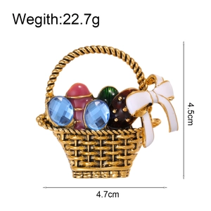 Vintage gold flower basket brooch with colorful eggs and white enamel bow 4.5x4.7cm