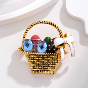 Vintage gold basket brooch with white bow and colorful crystal eggs for women dress