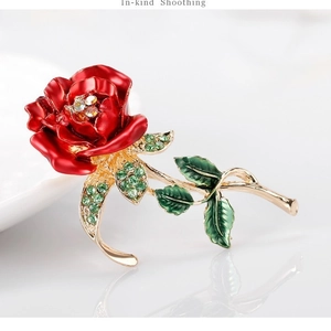 Elegant red rose brooch with hand-painted enamel and colorful crystals on gold alloy