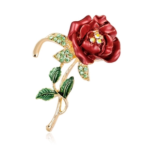 Elegant red rose brooch with hand-painted enamel petals and colorful crystals in gold finish