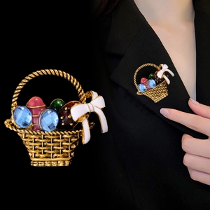 Detailed macro view and model wear of a retro flower basket brooch with colorful gemstones