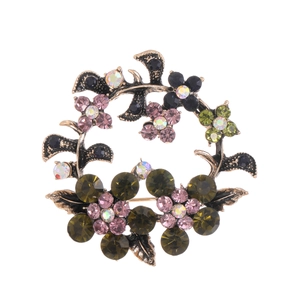 Vintage Olive Branch Wreath Brooch Zinc Alloy Rhinestone Botanical Leaf Garland Crystal Lapel Pin Women Jewelry Accessory