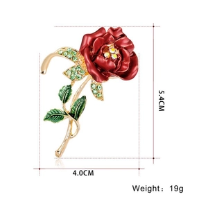 Hand-painted rose flower brooch in red enamel with gold stem and rhinestones, 5.4cm high