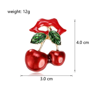 Creative red lips and cherry brooch pin in alloy enamel finish, 4.0cm x 3.0cm size