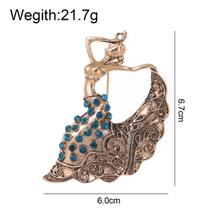 Vintage bronze dancing girl brooch with blue rhinestones and floral relief 21.7g