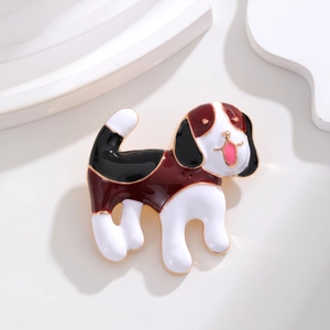 Cute cartoon beagle dog brooch in colorful enamel and gold finish on white background
