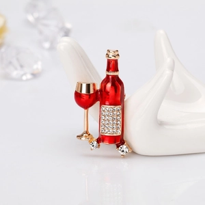 Spilla in Lega di Moda a Forma di Bottiglia di Vino e Calice con Strass per Donna Gioielli Creativi per Feste e Banchetti