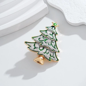 Broche sapin de Noël dorée élégante avec émail vert et accents pailletés argent