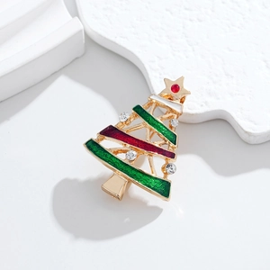 Golden Christmas tree brooch with red and green enamel and sparkling rhinestones