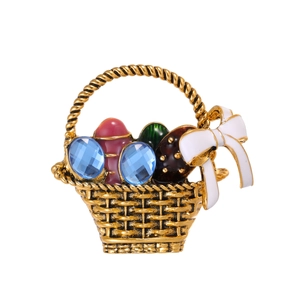 Vintage Zinc Alloy Easter Flower Basket Brooch White Enamel Bowknot Blue Rhinestone Badge Dress Accessories Women Jewelry