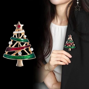 Christmas tree brooch with red green enamel and rhinestones on dark coat