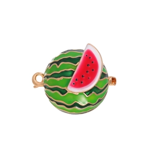 Fashionable enamel watermelon brooch with green wavy rind and red pulp in gold alloy