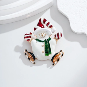 Cute enamel snowman brooch with red striped hat and ice skates for Christmas accessory