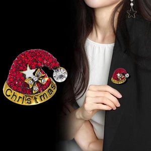 Cute Christmas hat brooch with red rhinestones and gold bow for festive women's fashion