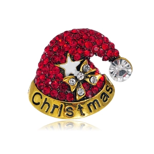 Cute Christmas hat brooch with red rhinestones and gold alloy base for festive fashion