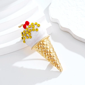 Broche cornet de glace scintillante avec strass jaunes et noeud rouge élégant