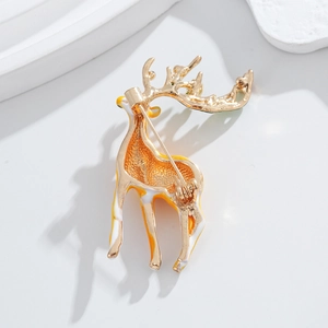 Back view of cartoon elk brooch in yellow enamel with a secure alloy pin fastener