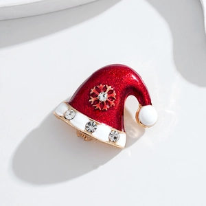 Broche bonnet de Noël étincelante avec paillettes rouges, flocons dorés et strass brillants