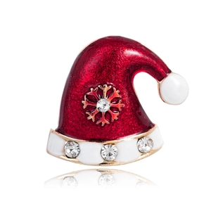 Broche bonnet de Noël étincelante avec émail rouge, flocons d'argent et strass clairs