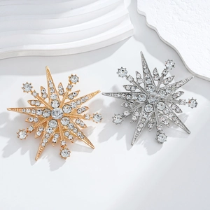 Elegant gold and silver eight-pointed star brooches with sparkling crystal rhinestones