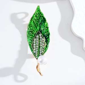 Elegant Leaf Brooch Alloy Enamel Plant Corsage Pin With Rhinestone Imitation Artificial Pearl For Women Party Clothing Accessory