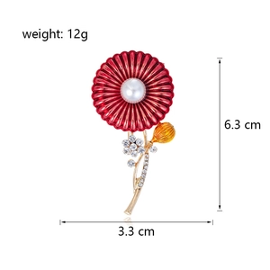 Elegant red enamel flower brooch with white pearl center and crystals, size 6.3cm x 3.3cm